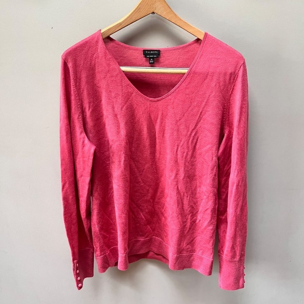 Talbots Pure Merino Wool Pink V-Neck Sweater- Size Medium